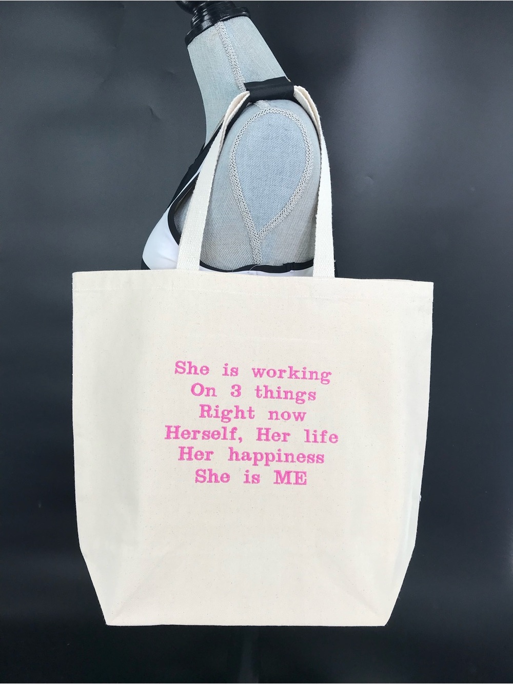 Natural Large Cotton Canvas Tote Bag with Embroidered Quote Design & Pockets